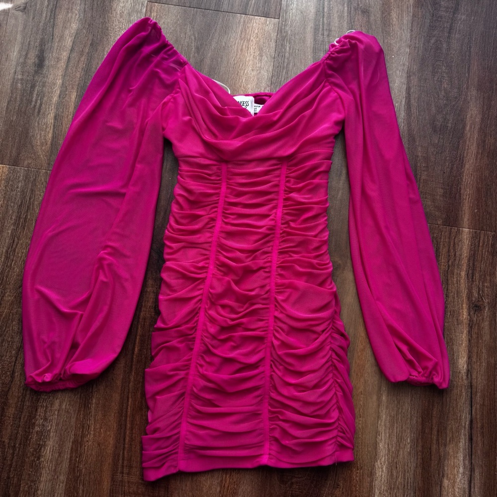 Princess Polly Hot Pink Ruched Mesh Long Flowy Sleeve Bodycon Dress Feminine - Picture 2 of 9